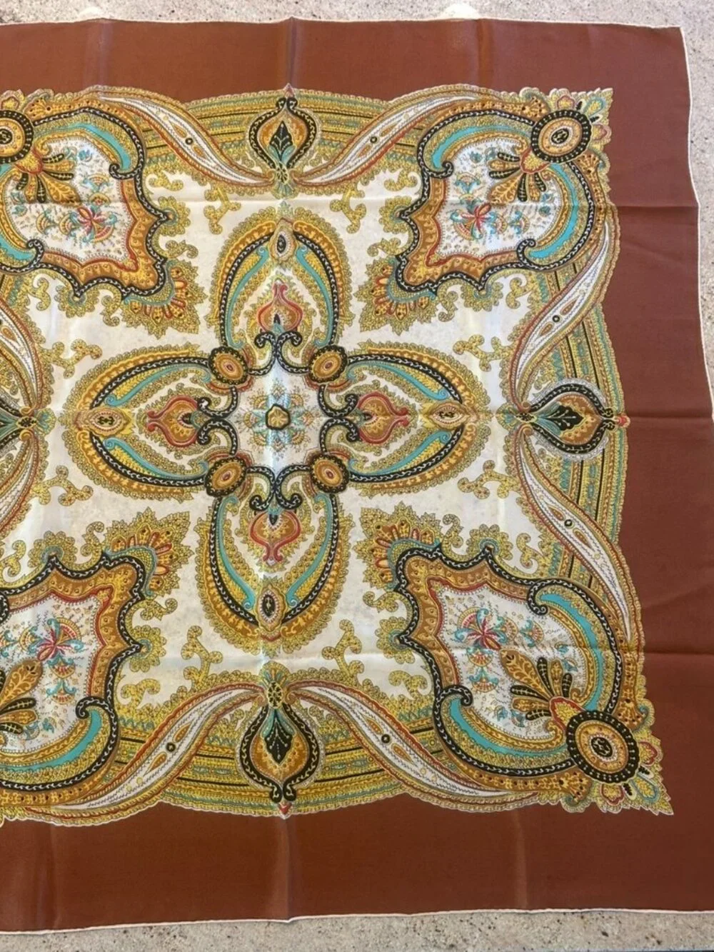 Vintage Glentex All Silk Hand Rolled Made in Japan Brown Border Scarf